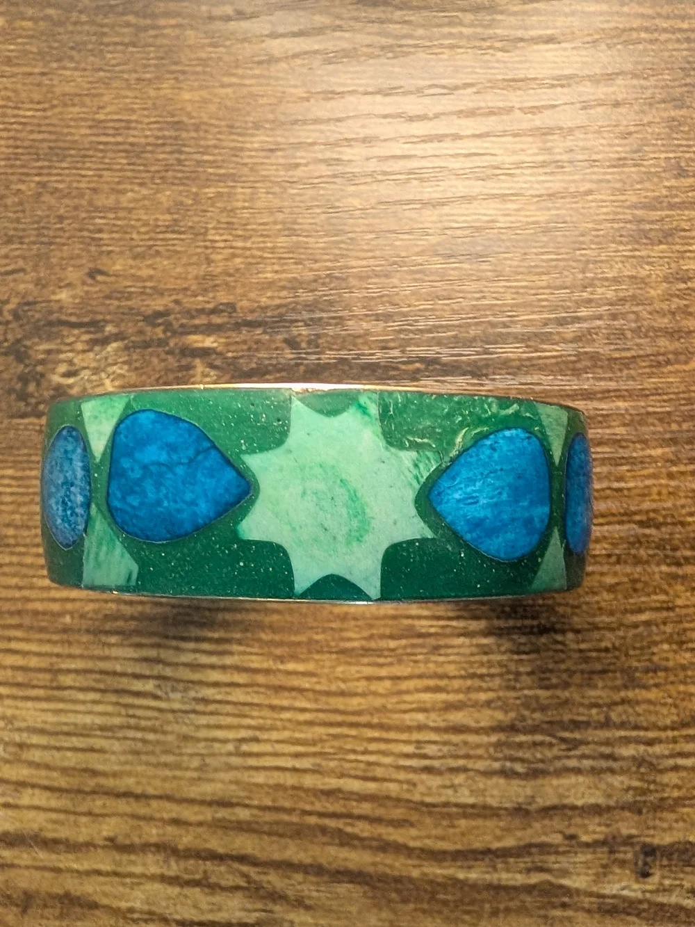 Green and Blue Inlaid Leaf Bangle Enamel Over Brass